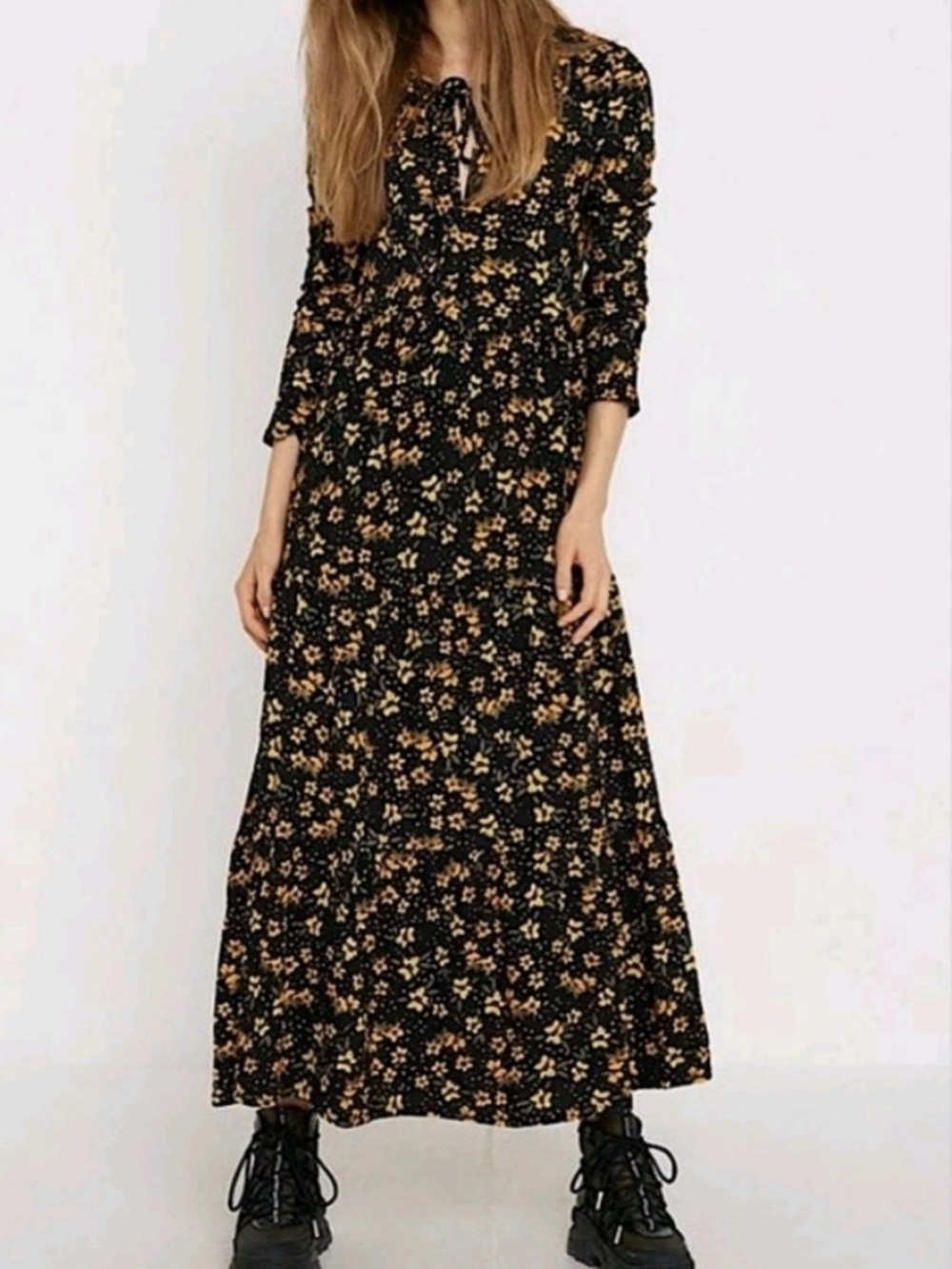 Free People Tiers of Joy Midi Dress Yellow Floral Print on Black Size Small